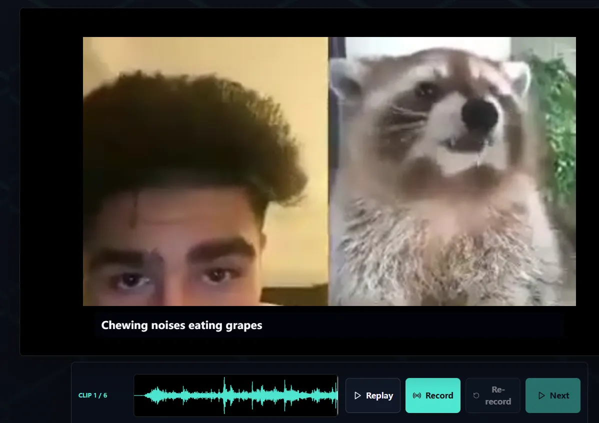 Voxalike recording screen with scene video, caption, waveform, replay and record controls